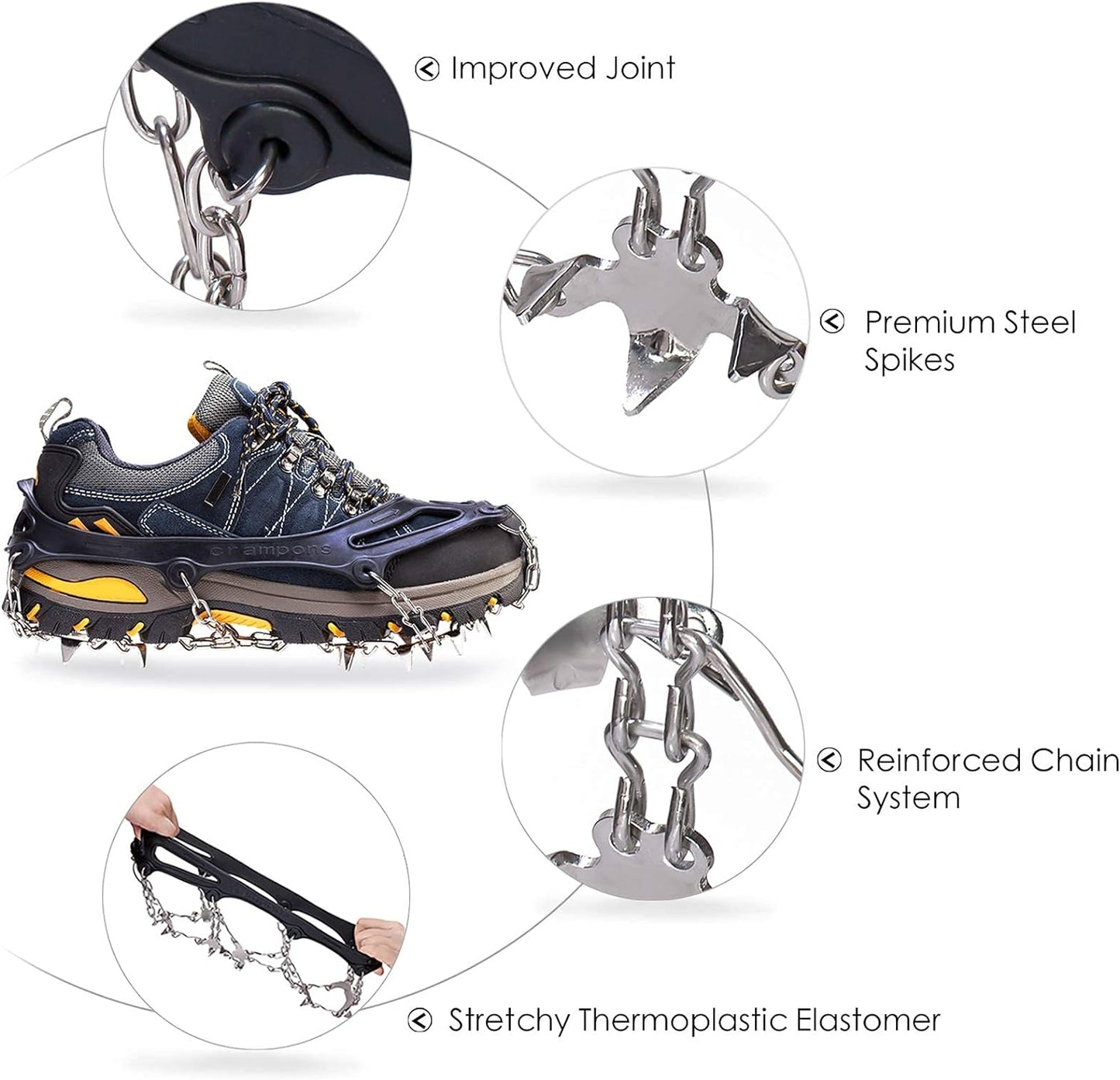 Crampons Ice Cleats Traction Snow Grips for Boots Shoes Women Men Kids Anti Slip 19 Stainless Steel Spikes Safe Protect for Hiking Fishing Walking Climbing Mountaineering