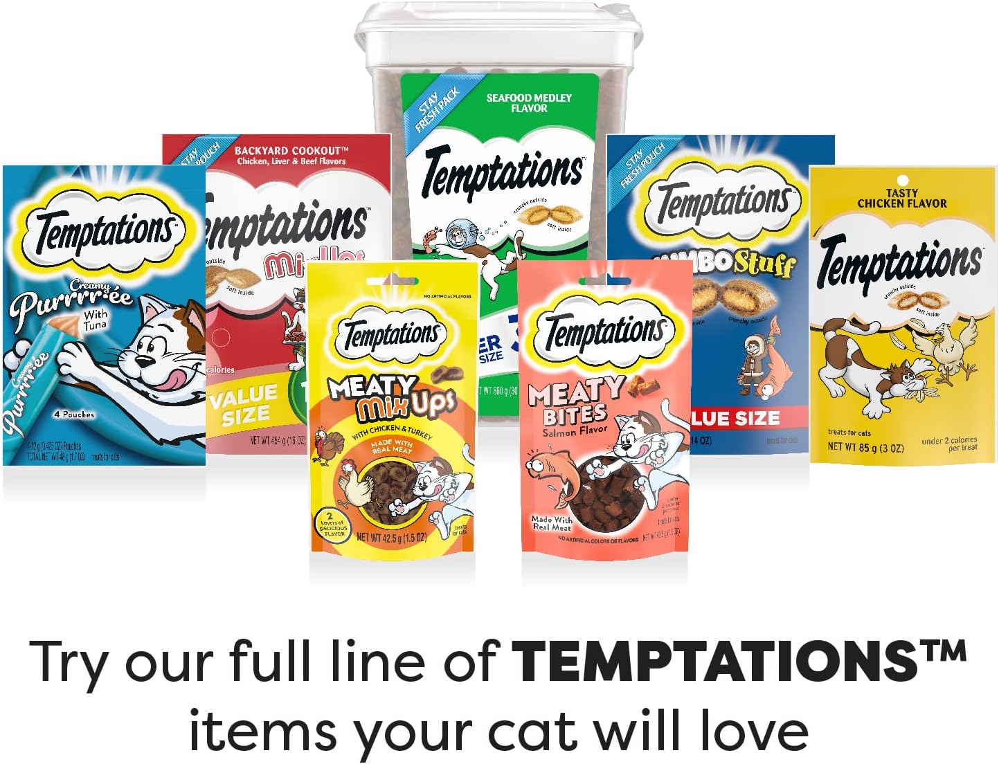 TEMPTATIONS Classic Crunchy and Soft Cat Treats Seafood Medley Flavor, 30 oz. Tub