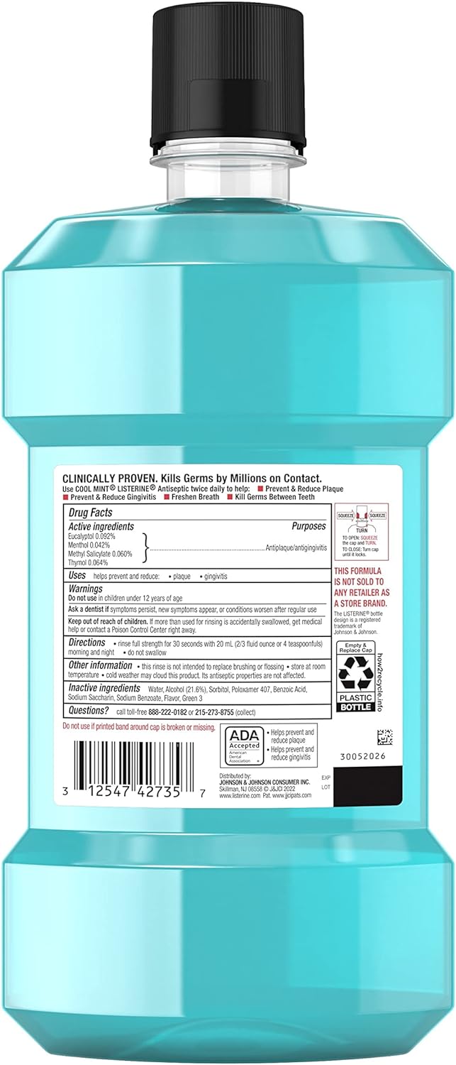 Listerine Cool Mint Antiseptic Mouthwash to Kill 99% of Germs That Cause Bad Breath, Plaque and Gingivitis, Cool Mint Flavor, 1 L (Pack of 2)