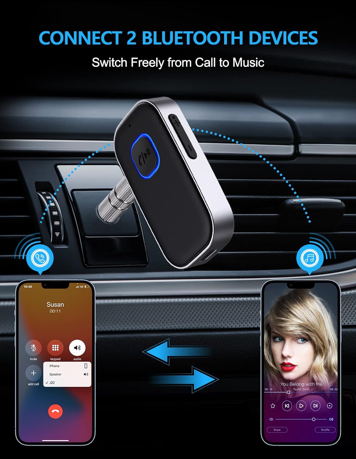 COMSOON Bluetooth Receiver for Car, Noise Cancelling 3.5mm AUX Bluetooth Car Adapter, Wireless Audio Receiver for Home Stereo/Wired Headphones, Hands-Free Call, 16H Battery Life - Black+Silver