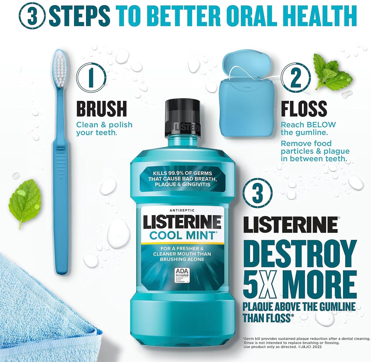 Listerine Cool Mint Antiseptic Mouthwash to Kill 99% of Germs That Cause Bad Breath, Plaque and Gingivitis, Cool Mint Flavor, 1 L (Pack of 2)