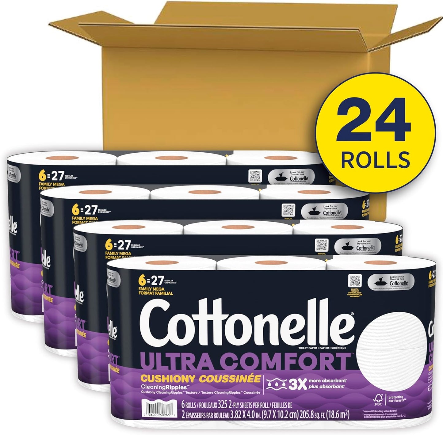 Cottonelle Ultra Comfort Toilet Paper with Cushiony CleaningRipples Texture, 24 Family Mega Rolls (24 Family Mega Rolls = 108 Regular Rolls) (4 Packs of 6), 325 Sheets per Roll, Packaging May Vary