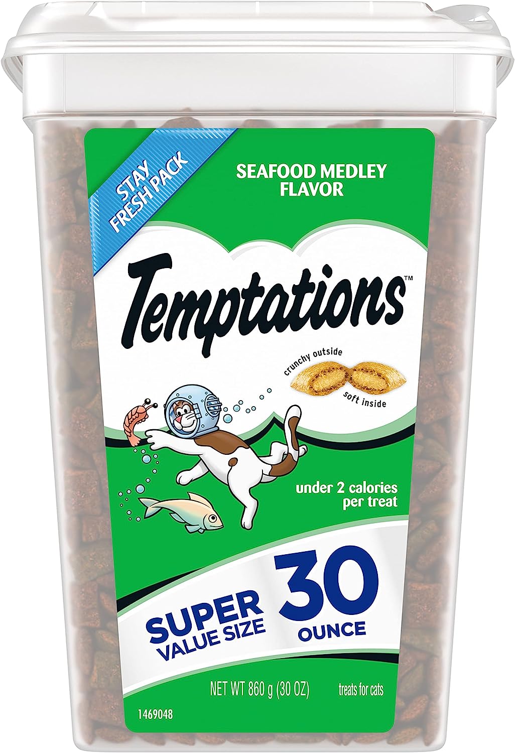 TEMPTATIONS Classic Crunchy and Soft Cat Treats Seafood Medley Flavor, 30 oz. Tub