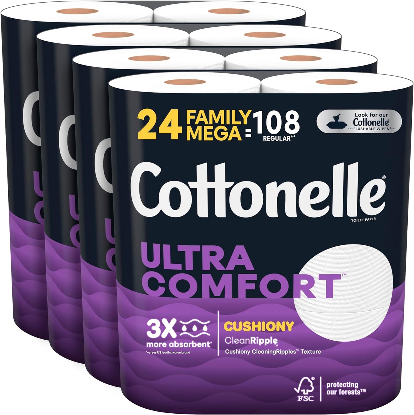 Cottonelle Ultra Comfort Toilet Paper with Cushiony CleaningRipples Texture, 24 Family Mega Rolls (24 Family Mega Rolls = 108 Regular Rolls) (4 Packs of 6), 325 Sheets per Roll, Packaging May Vary