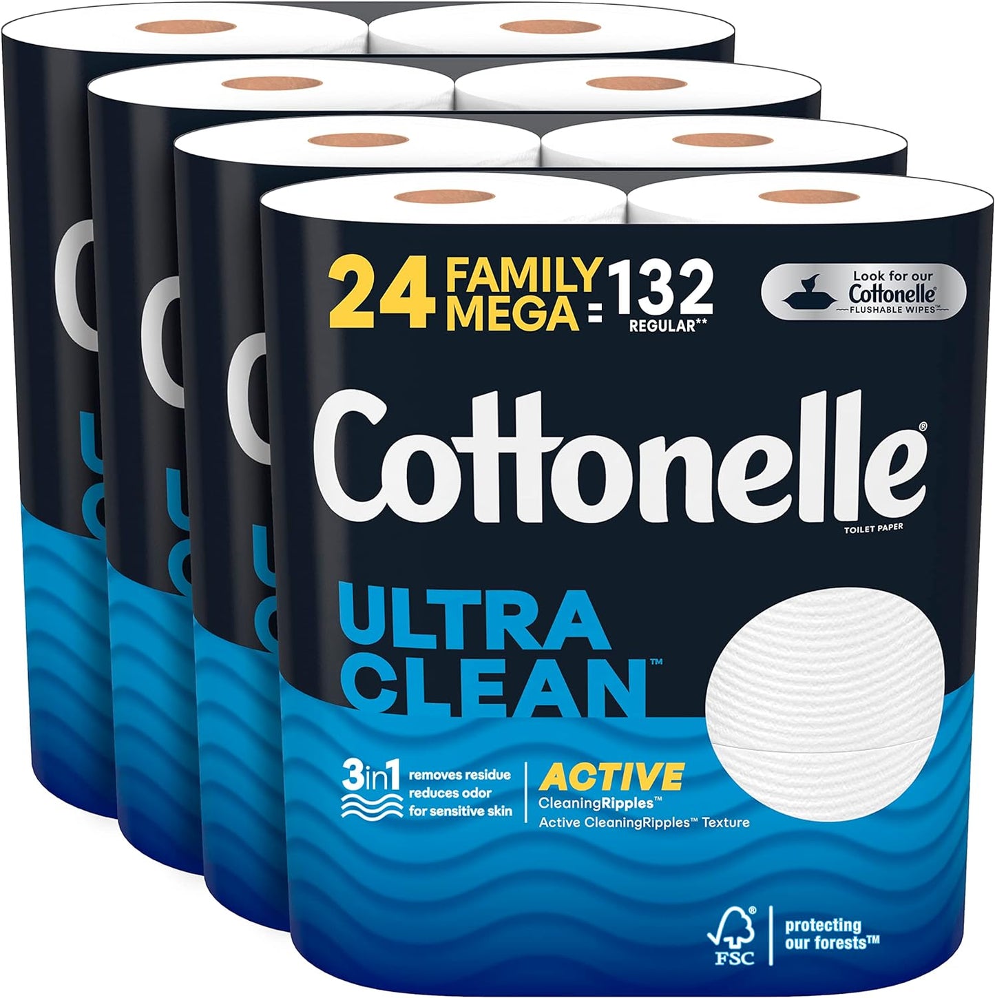 Cottonelle Ultra Clean Toilet Paper with Active CleaningRipples Texture, Strong Bath Tissue, 24 Family Mega Rolls (24 Family Mega Rolls = 132 Regular Rolls) (4 Packs of 6), 388 Sheets per Roll