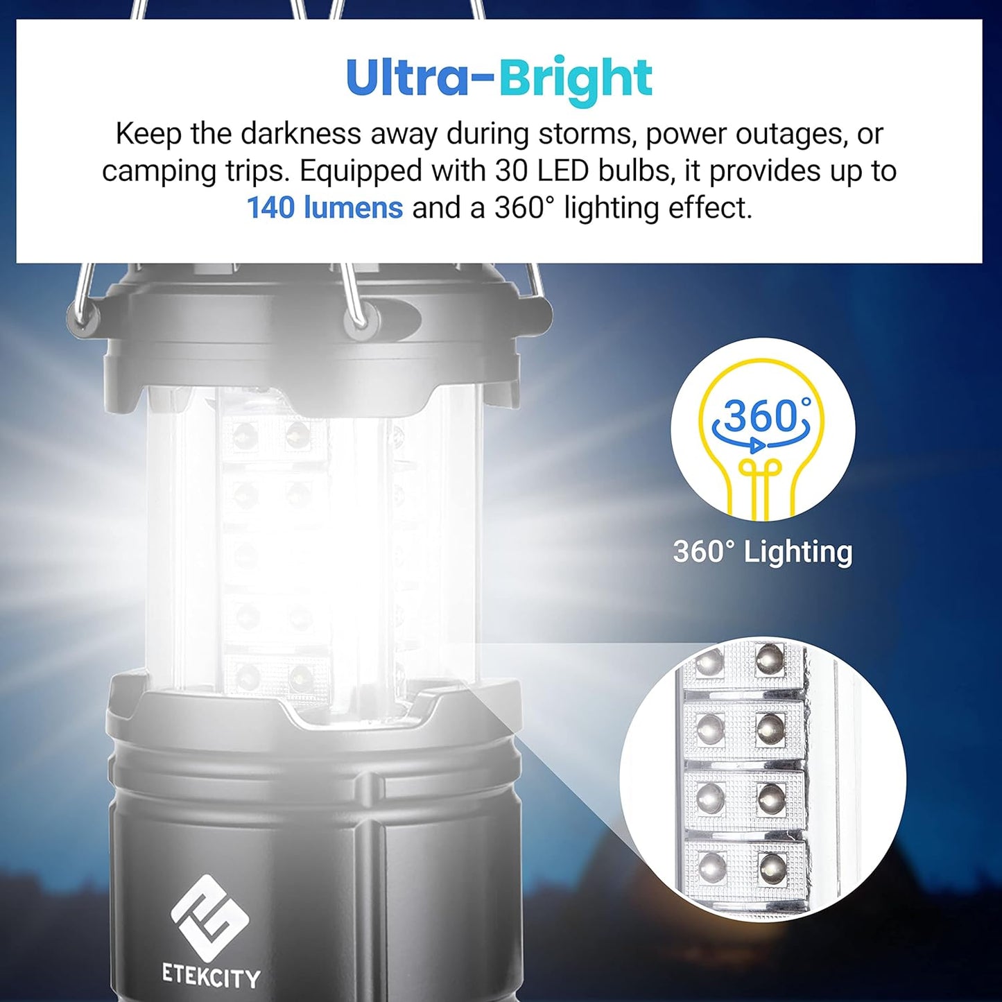 Etekcity Lantern Camping Essentials Lights, Led Lantern for Power Outages, Tent Lights for Emergency, Hurricane, Battery Powered Flashlight, Survival Kits, Operated Lamp, 2 Pack, Black
