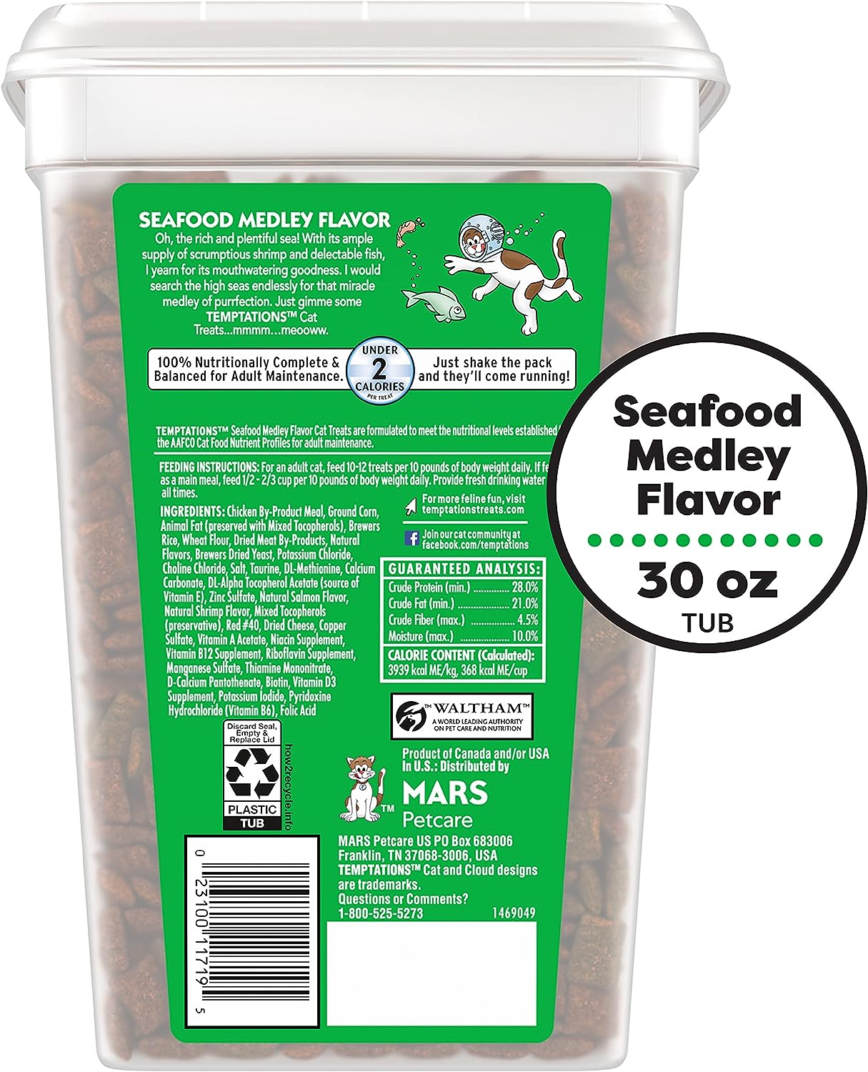 TEMPTATIONS Classic Crunchy and Soft Cat Treats Seafood Medley Flavor, 30 oz. Tub