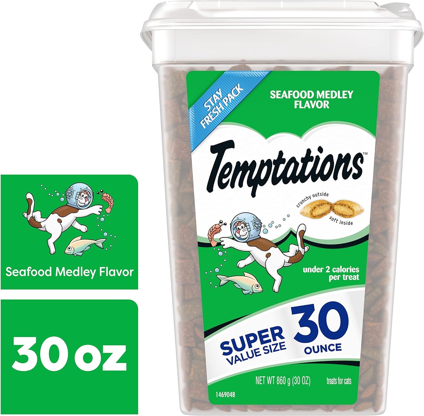 TEMPTATIONS Classic Crunchy and Soft Cat Treats Seafood Medley Flavor, 30 oz. Tub