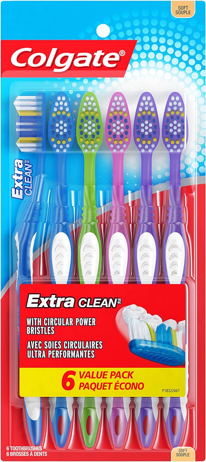 Colgate Extra Clean Toothbrush, Soft Toothbrush for Adults, 6 Count (Pack of 1), Packaging May Vary