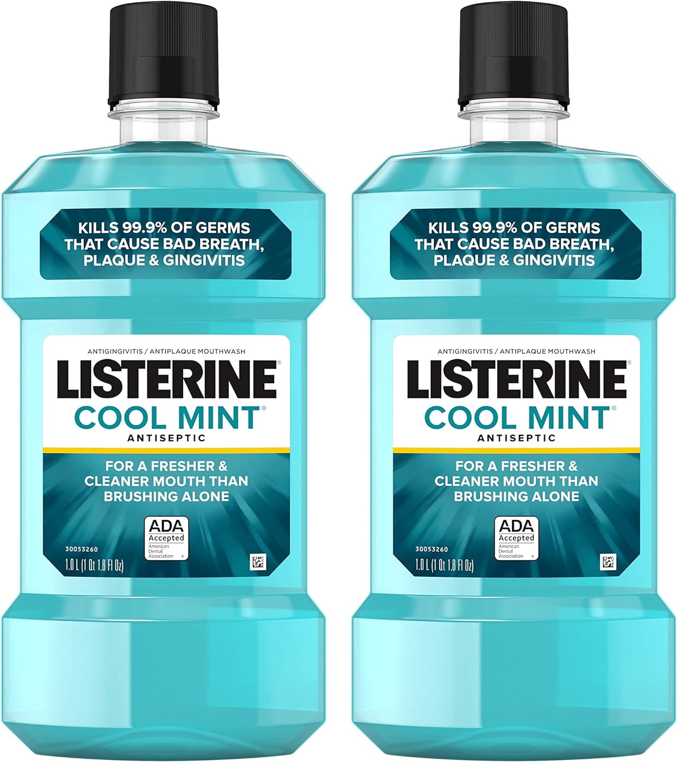 Listerine Cool Mint Antiseptic Mouthwash to Kill 99% of Germs That Cause Bad Breath, Plaque and Gingivitis, Cool Mint Flavor, 1 L (Pack of 2)