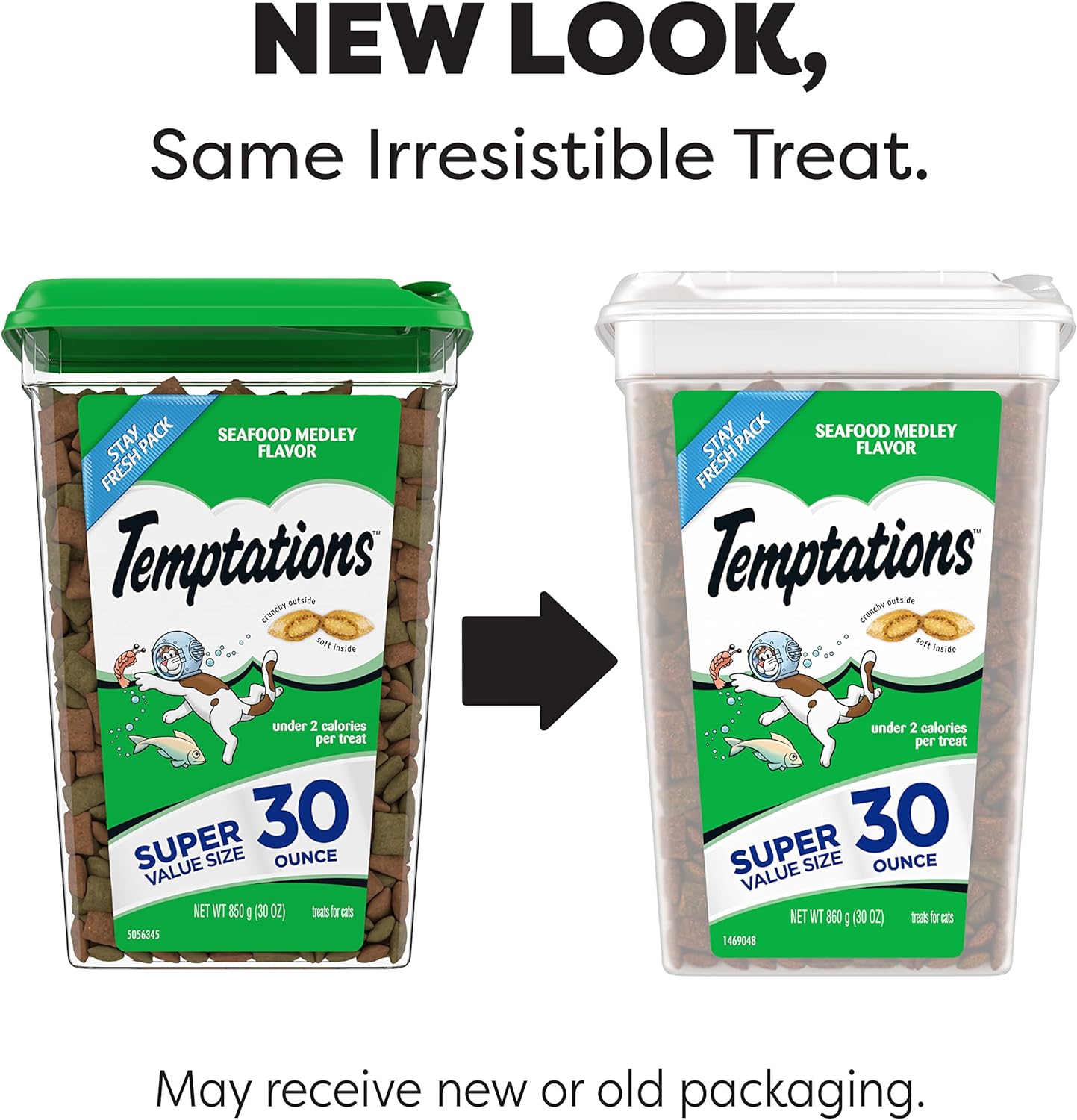 TEMPTATIONS Classic Crunchy and Soft Cat Treats Seafood Medley Flavor, 30 oz. Tub