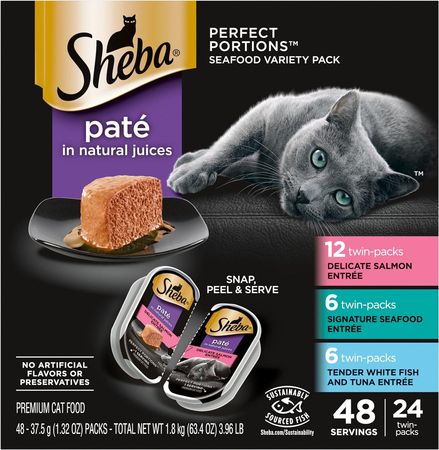 SHEBA PERFECT PORTIONS Paté Adult Wet Cat Food Trays (24 Count, 48 Servings), Signature Seafood Entrée, Easy Peel Twin-Pack Trays