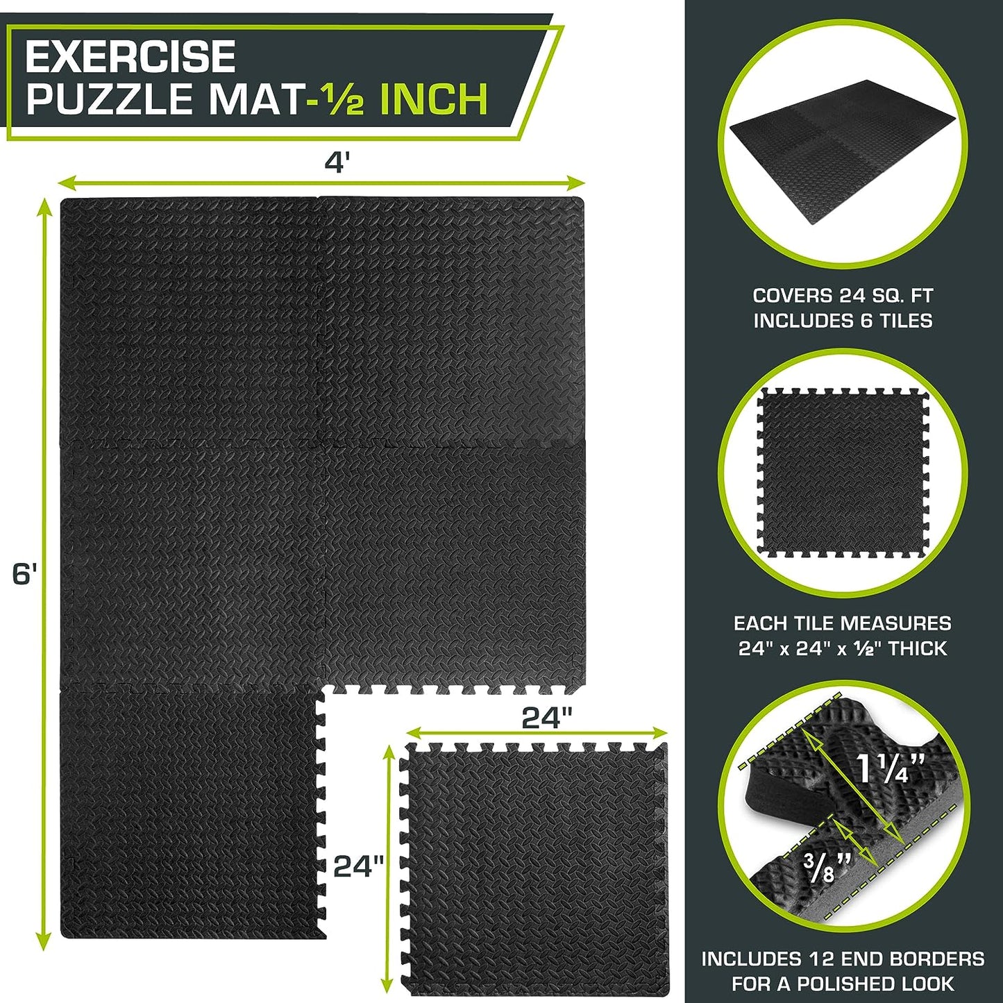 ProsourceFit Puzzle Exercise Mat ½”, EVA Interlocking Foam Floor Tiles for Home Gym, Mat for Home Workout Equipment, Floor Padding for Kids, Available in Packs of 24 SQ FT, 48 SQ FT, 144 SQ FT